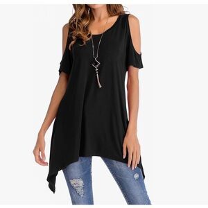 Adreamly Cold Shoulder Short Sleeve Swing Loose Fit T-Shirt Tunic Tops Black XL